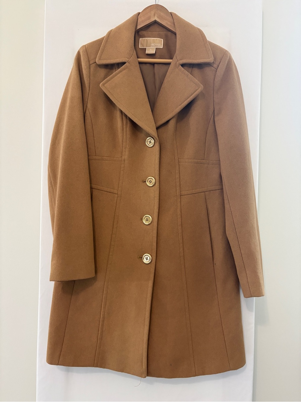 Wool-Blend Camel Tailored Coat with Button Front